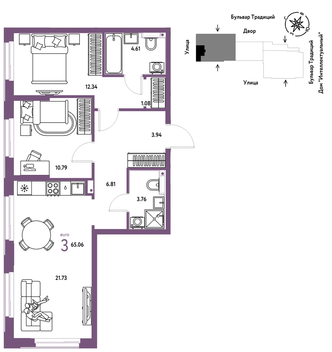 Планировка 3-комн. квартира, 65.06 м² ЖК «Микрорайон Домашний»