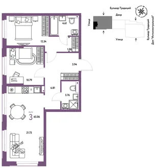 Планировка 3-комн. квартира, 65.06 м² ЖК «Микрорайон Домашний»