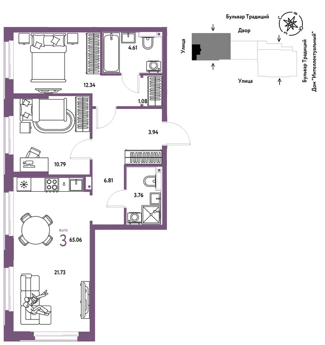 Планировка 3-комн. квартира, 65.06 м² ЖК «Микрорайон Домашний»