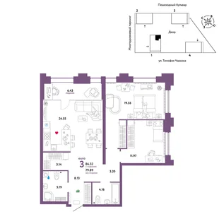 Планировка 3-комн. квартира, 86.32 м² ЖК «Микрорайон Звездный»