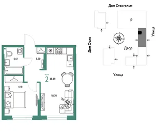 Планировка 2-комн. квартира, 39.99 м² ЖК «Европейский берег 2.0»