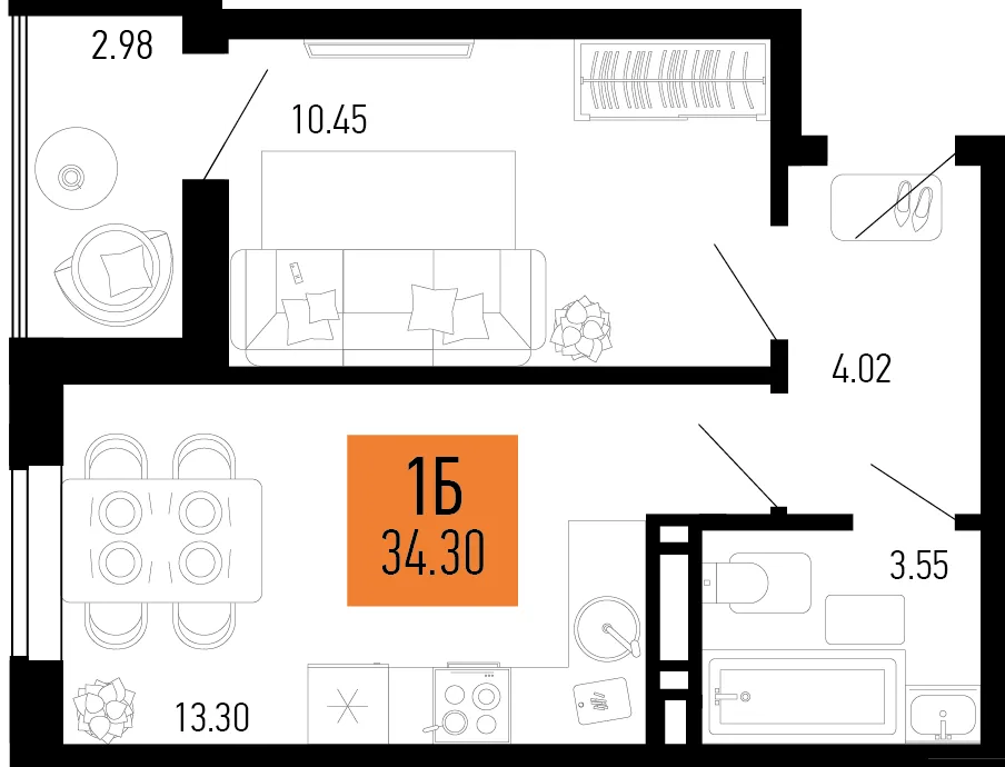 Планировка 1-комн. квартира, 34.3 м² ЖК «Столицыно»
