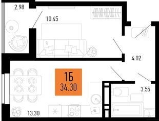 Планировка 1-комн. квартира, 34.3 м² ЖК «Столицыно»