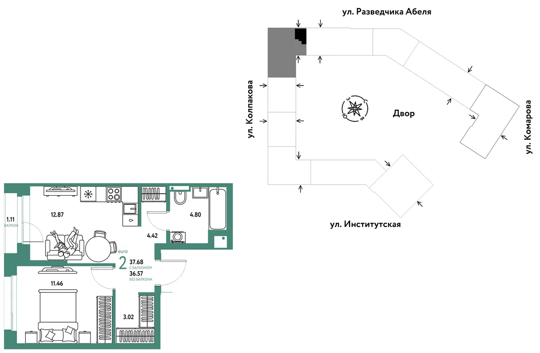 Планировка 2-комн. квартира, 37.68 м² ЖК «Страна.Парковая»