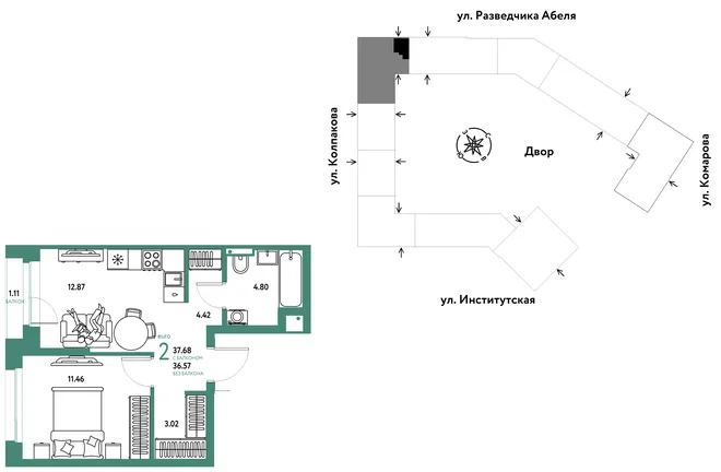 Планировка 2-комн. квартира, 37.68 м² ЖК «Страна.Парковая» Планировка 2-комн. квартира, 37.68 м² ЖК «Страна.Парковая»