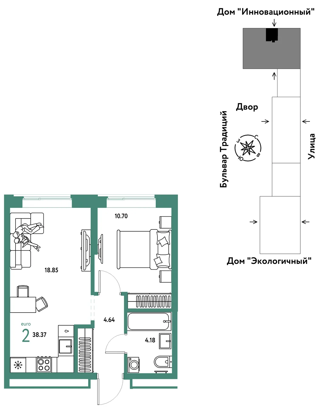 Планировка 2-комн. квартира, 38.37 м² ЖК «Микрорайон Домашний»