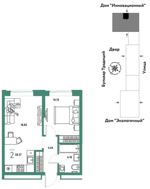Планировка 2-комн. квартира, 38.37 м² ЖК «Микрорайон Домашний»