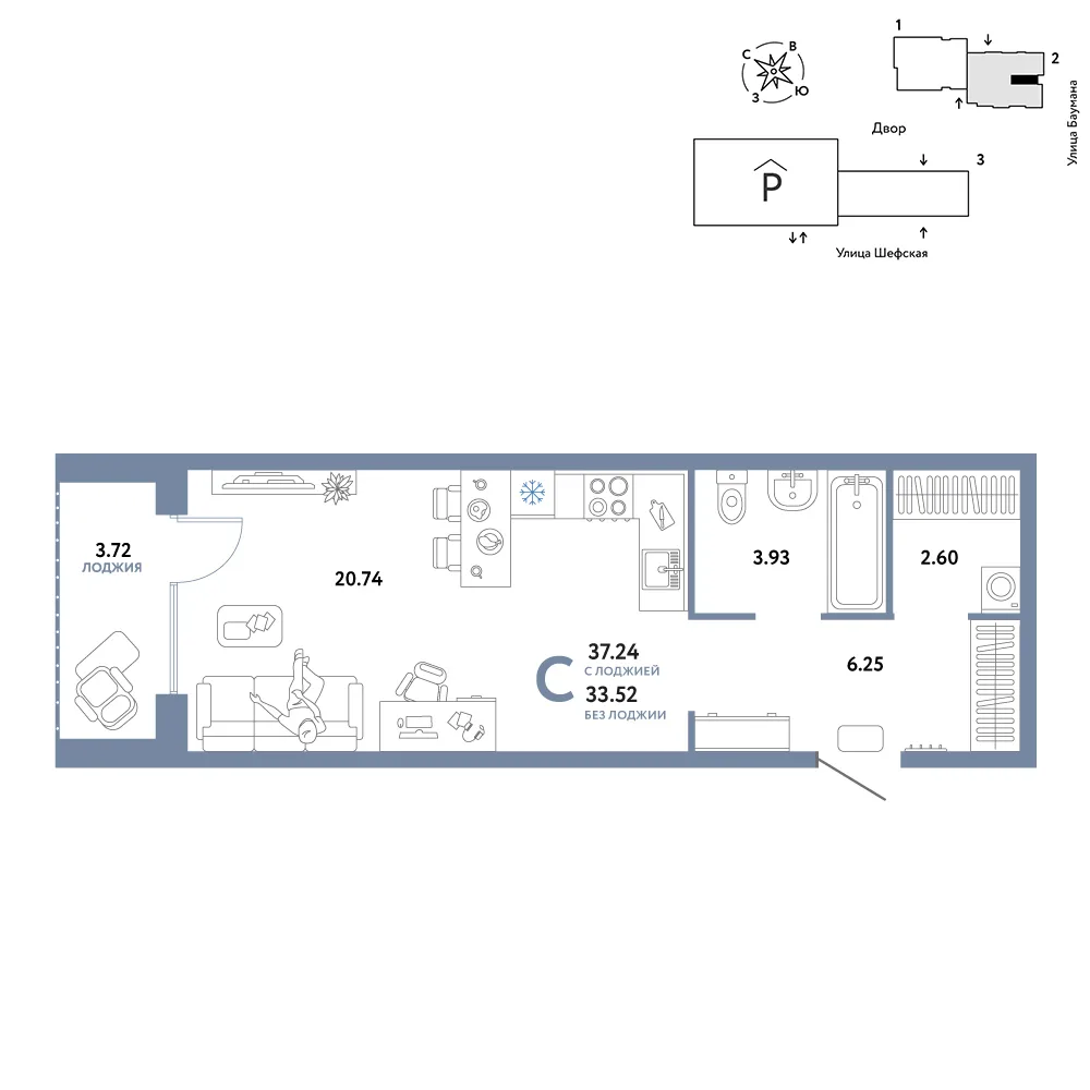 Планировка Студия, 37.24 м² ЖК «Страна.Энтузиастов»