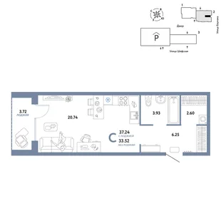 Планировка Студия, 37.24 м² ЖК «Страна.Энтузиастов»