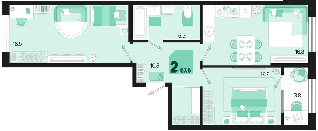 Планировка 2-комн. квартира, 67.7 м² ЖК «Первое место»