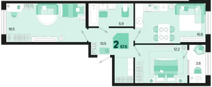Планировка 2-комн. квартира, 67.7 м² ЖК «Первое место»