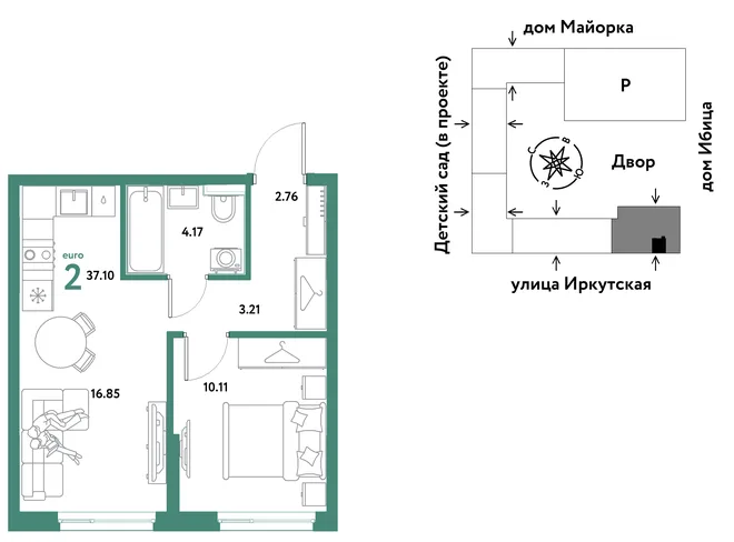 Планировка 2-комн. квартира, 37.1 м² ЖК «Остров-сад» Планировка 2-комн. квартира, 37.1 м² ЖК «Остров-сад»