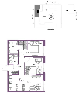 Планировка 3-комн. квартира, 54.33 м² ЖК «Европейский берег 2.0»