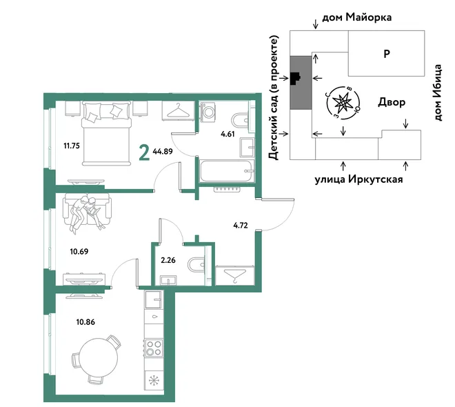 Планировка 2-комн. квартира, 44.89 м² ЖК «Остров-сад» Планировка 2-комн. квартира, 44.89 м² ЖК «Остров-сад»