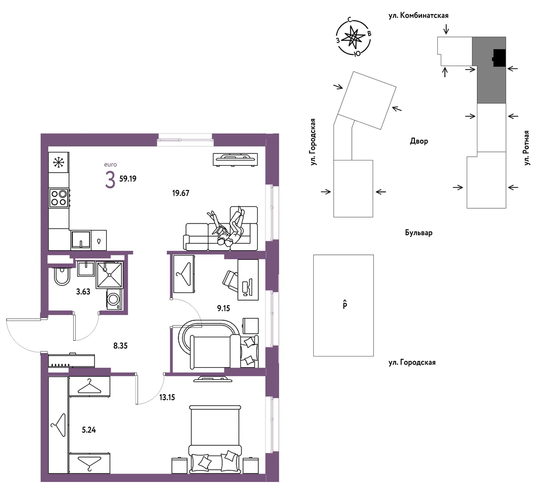 Планировка 3-комн. квартира, 59.19 м² ЖК «Уральский сад»