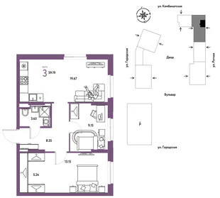 Планировка 3-комн. квартира, 59.19 м² ЖК «Уральский сад»