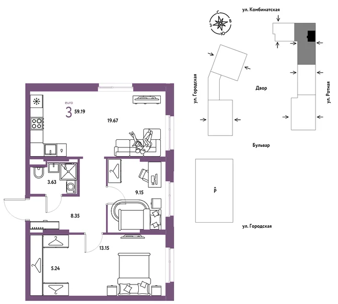 Планировка 3-комн. квартира, 59.19 м² ЖК «Уральский сад» Планировка 3-комн. квартира, 59.19 м² ЖК «Уральский сад»