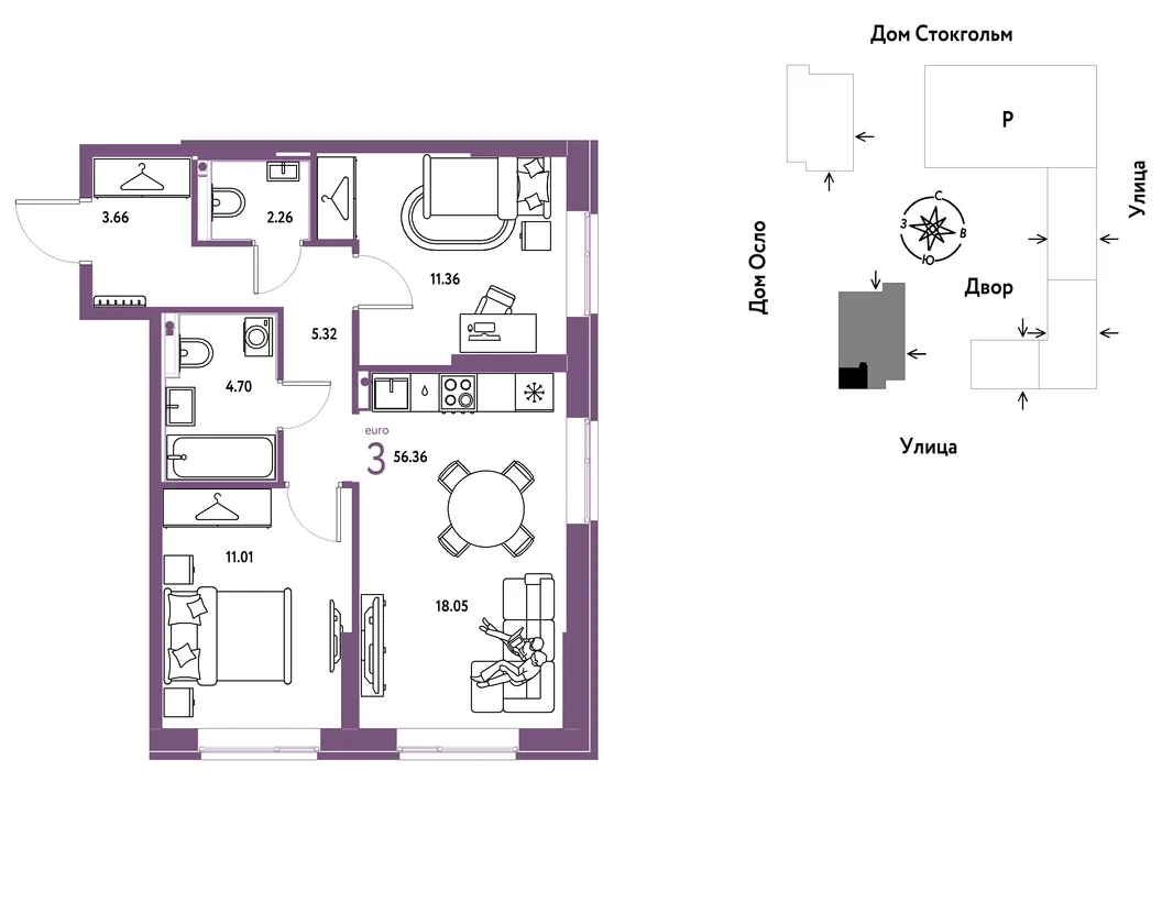 Планировка 3-комн. квартира, 56.36 м² ЖК «Европейский берег 2.0»