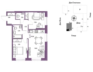Планировка 3-комн. квартира, 56.36 м² ЖК «Европейский берег 2.0»