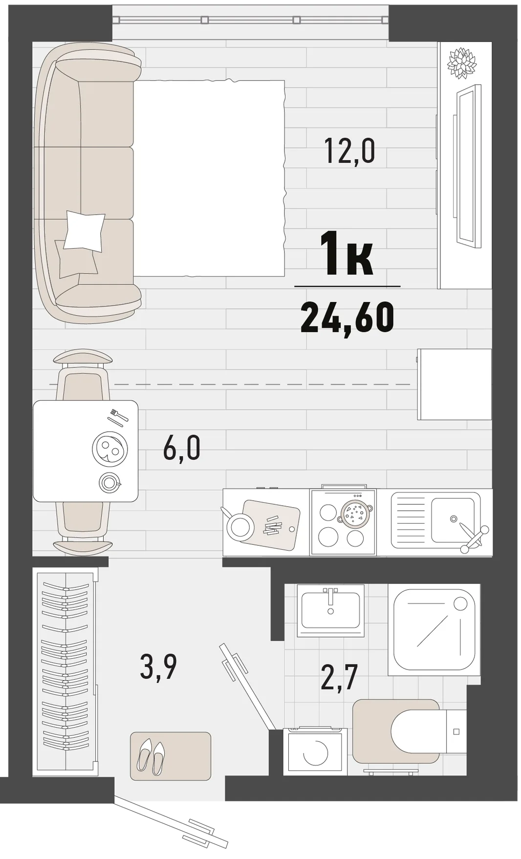 Планировка Студия, 24.6 м² ЖК «Барса»