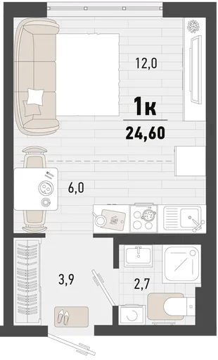 Планировка Студия, 24.6 м² ЖК «Барса»