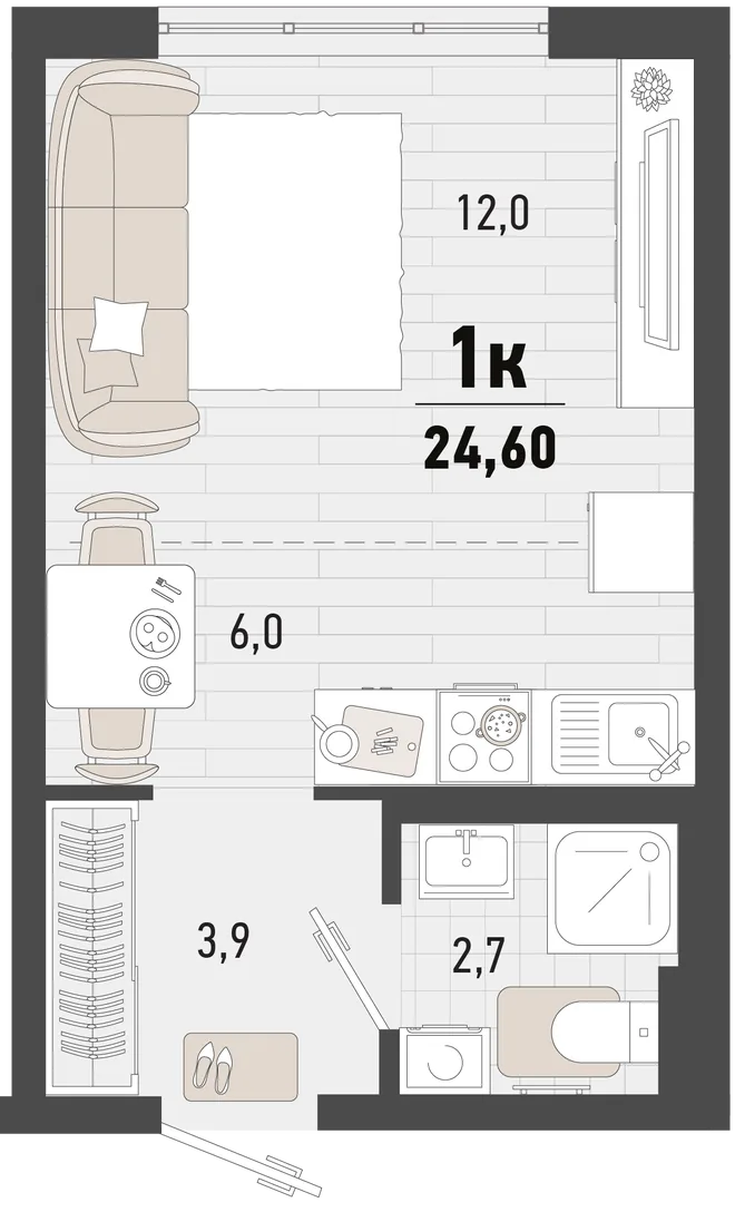 Планировка Студия, 24.6 м² ЖК «Барса» Планировка Студия, 24.6 м² ЖК «Барса»