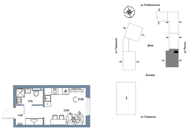 Планировка Студия, 21.08 м² ЖК «Уральский сад»