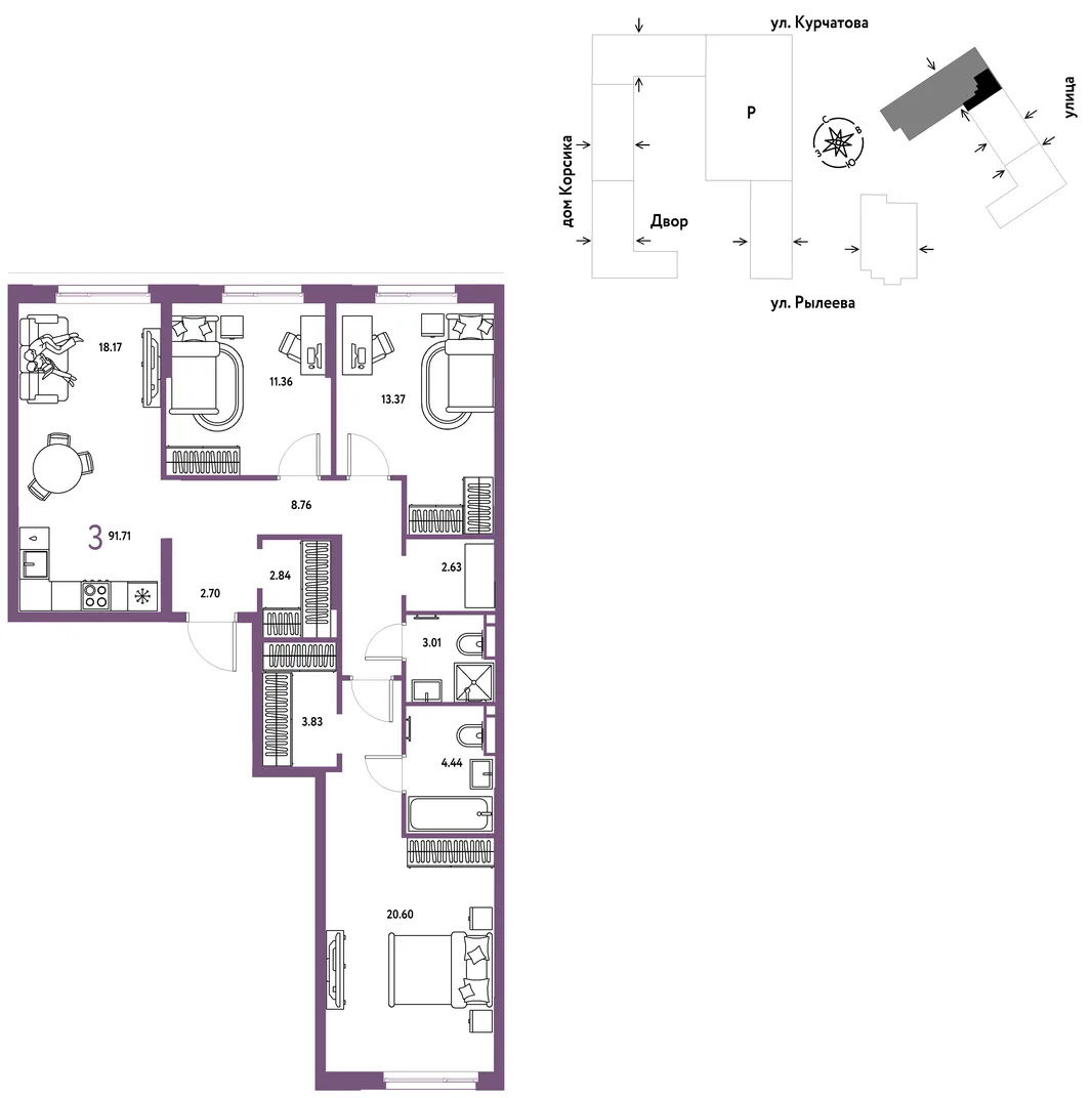 Планировка 3-комн. квартира, 92.16 м² ЖК «Остров-сад»