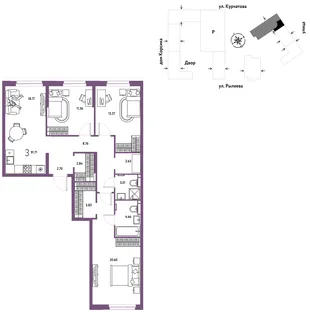 Планировка 3-комн. квартира, 92.16 м² ЖК «Остров-сад»
