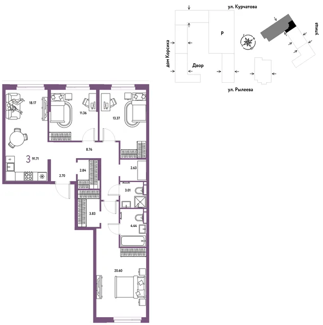 Планировка 3-комн. квартира, 92.16 м² ЖК «Остров-сад» Планировка 3-комн. квартира, 92.16 м² ЖК «Остров-сад»