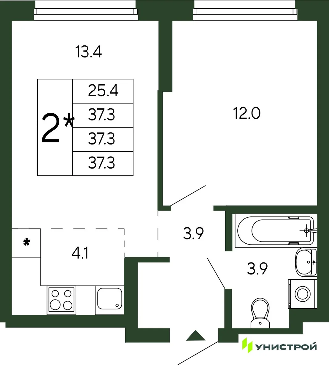 Планировка 2-комн. квартира, 37.3 м² ЖК «Парковый квартал 2.0»