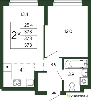 Планировка 2-комн. квартира, 37.3 м² ЖК «Парковый квартал 2.0»