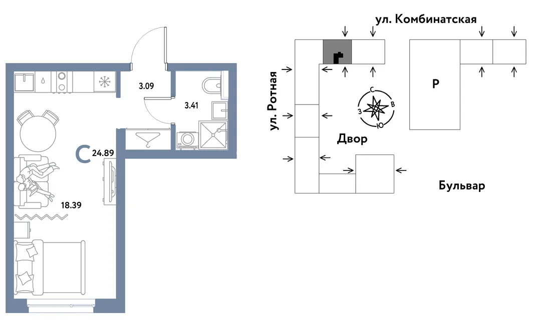 Планировка Студия, 24.82 м² ЖК «Уральский сад»