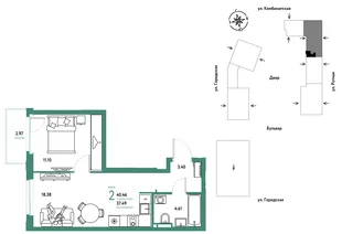 Планировка 2-комн. квартира, 40.46 м² ЖК «Уральский сад»