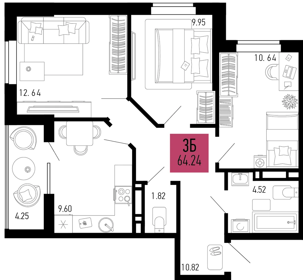 Планировка 3-комн. квартира, 64.24 м² ЖК «Столицыно»