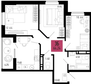 Планировка 3-комн. квартира, 64.24 м² ЖК «Столицыно»