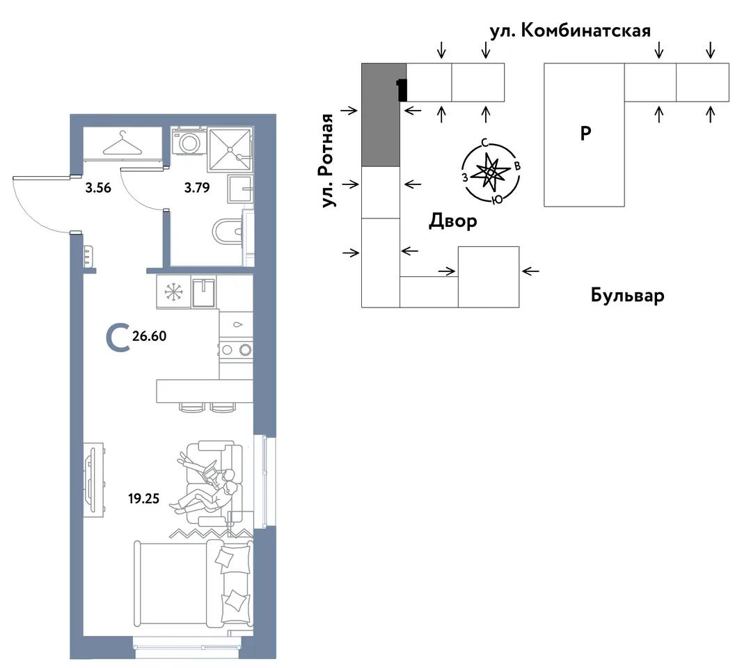 Планировка Студия, 26.47 м² ЖК «Уральский сад»