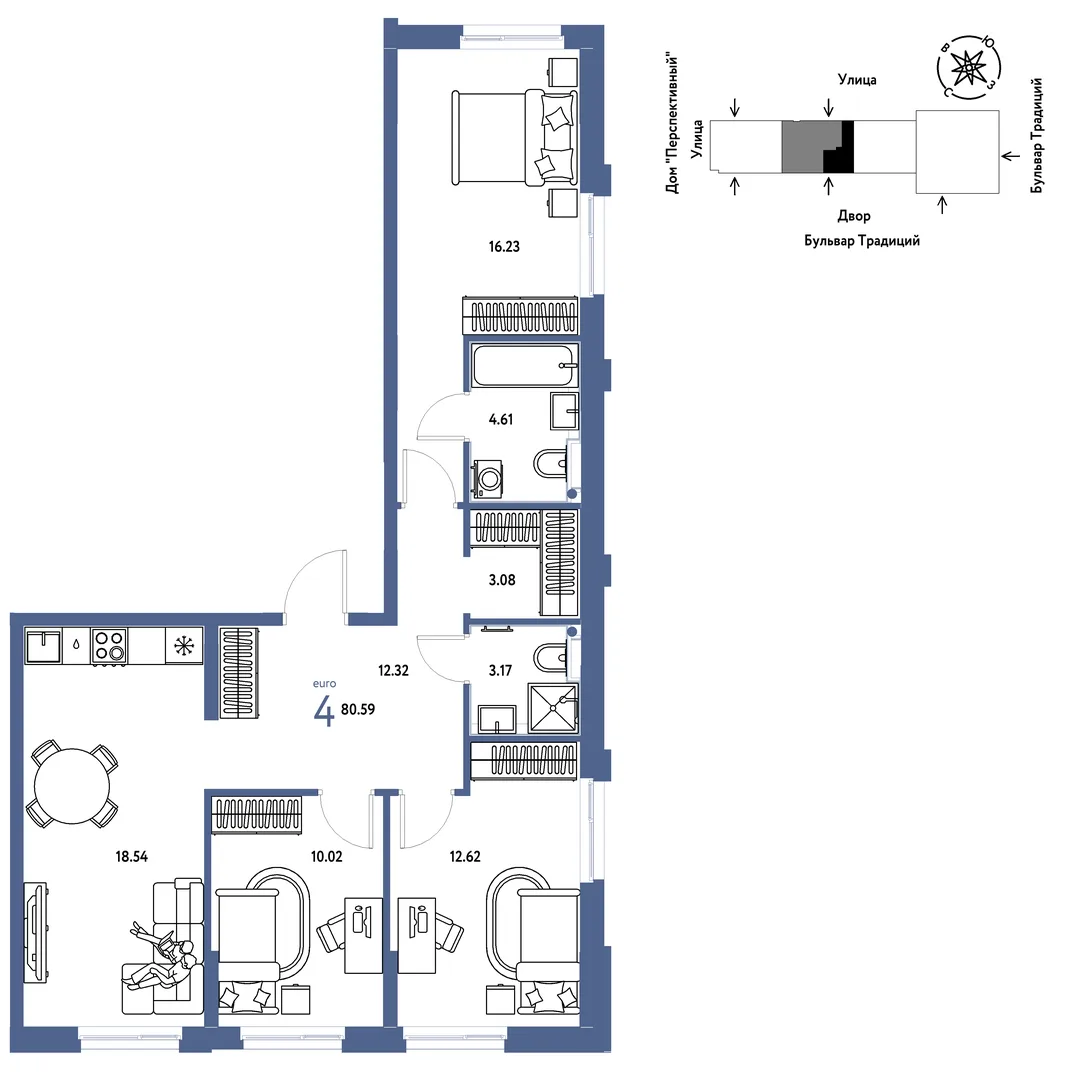 Планировка 4-комн. квартира, 80.59 м² ЖК «Микрорайон Домашний»