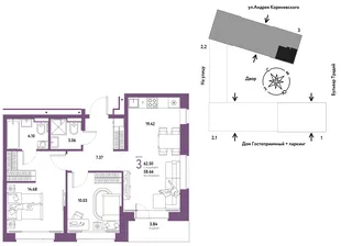 Планировка 3-комн. квартира, 62.5 м² ЖК «Микрорайон Домашний»
