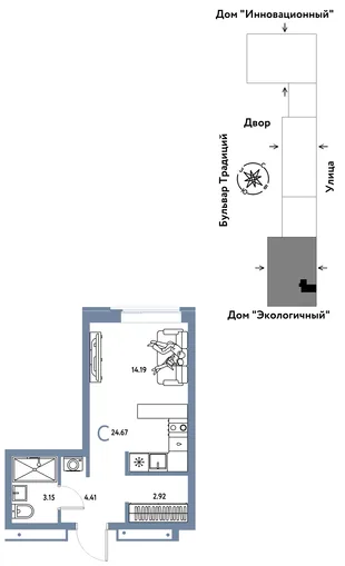 Планировка Студия, 24.67 м² ЖК «Микрорайон Домашний»