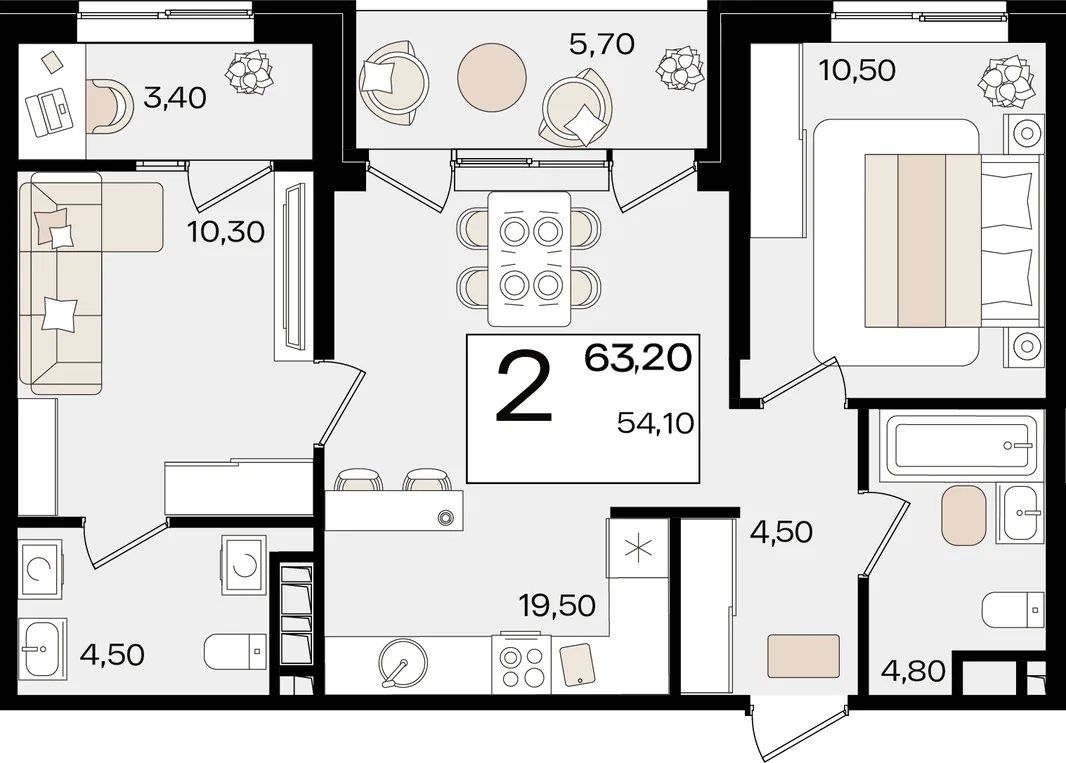 Планировка 2-комн. квартира, 63.2 м² ЖК «Патрики»
