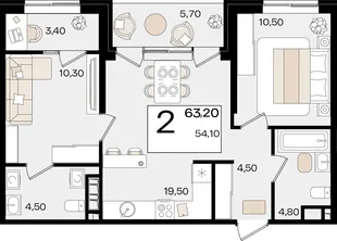 Планировка 2-комн. квартира, 63.2 м² ЖК «Патрики»