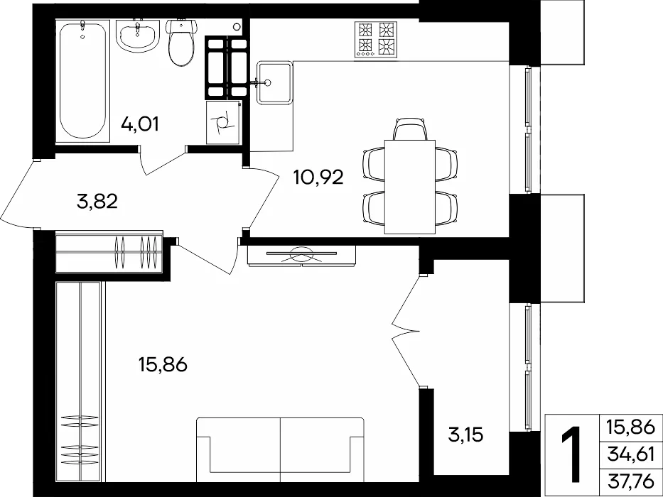 Планировка 1-комн. квартира, 37.76 м² ЖК «Семисчастье»