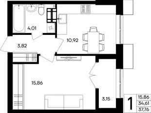 Планировка 1-комн. квартира, 37.76 м² ЖК «Семисчастье»
