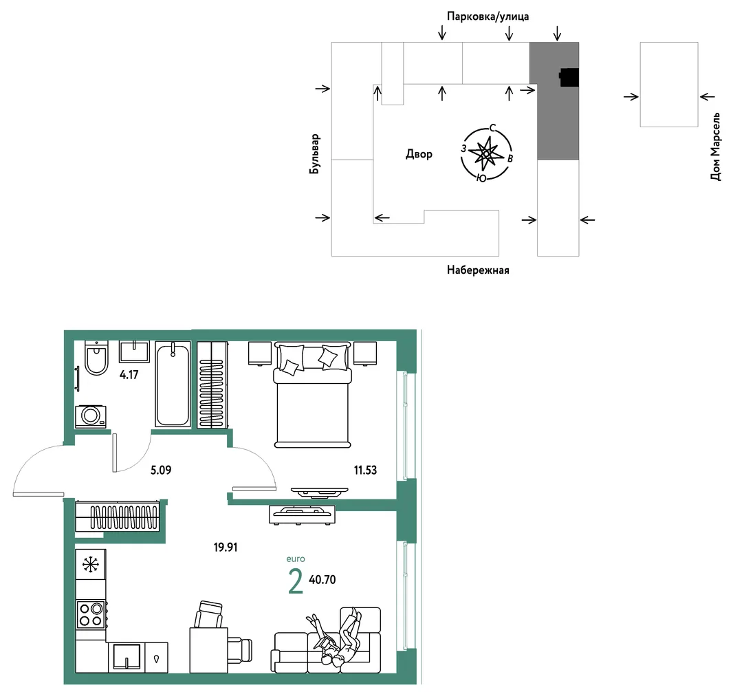 Планировка 2-комн. квартира, 40.7 м² ЖК «Европейский берег 2.0»