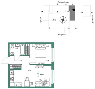 Планировка 2-комн. квартира, 40.7 м² ЖК «Европейский берег 2.0»