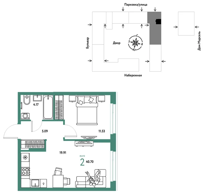 Планировка 2-комн. квартира, 40.7 м² ЖК «Европейский берег 2.0» Планировка 2-комн. квартира, 40.7 м² ЖК «Европейский берег 2.0»