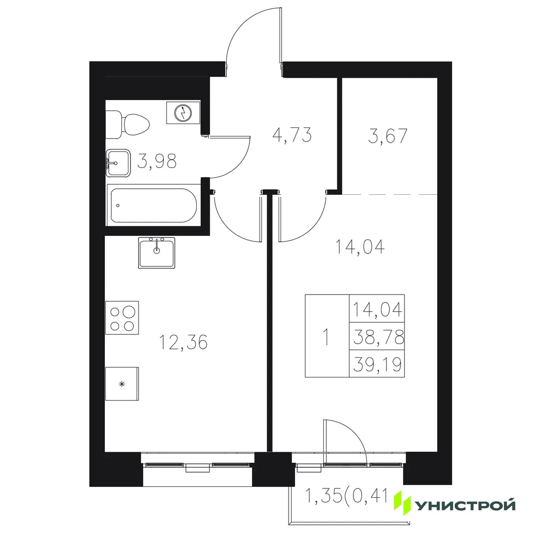 Планировка 1-комн. квартира, 39.19 м² ЖК «Statum»
