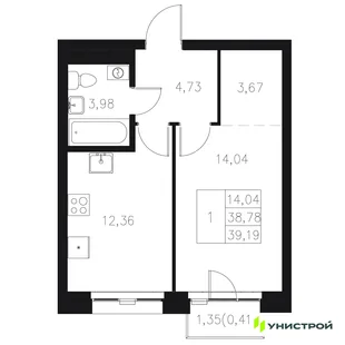 Планировка 1-комн. квартира, 39.19 м² ЖК «Statum»
