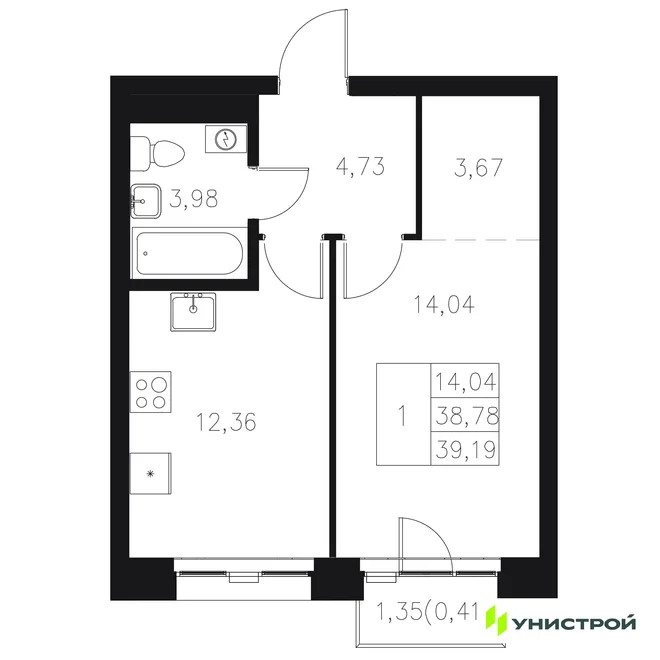 Планировка 1-комн. квартира, 39.19 м² ЖК «Statum»